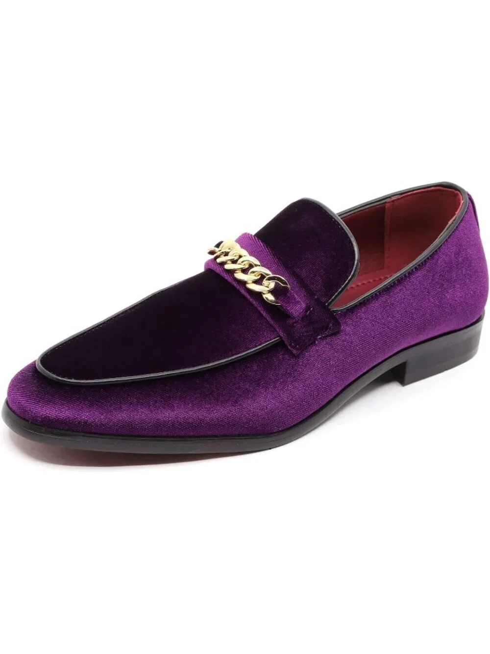 Metrocharm Men's Purple Vintage Velvet Loafers Gold Chain Buckle Slip On Shoes